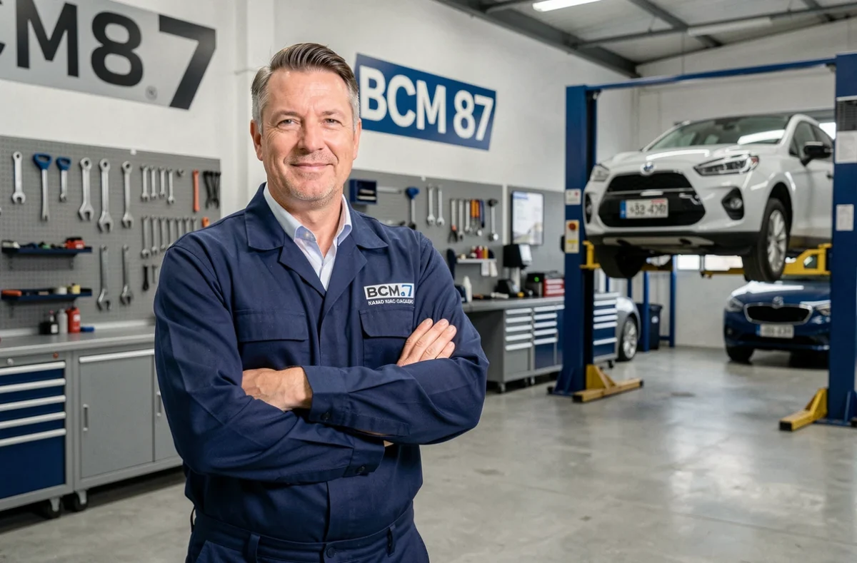 Mécanicien professionnel devant l'atelier du Garage BCM 87 en Haute-Vienne, en uniforme bleu marine avec logo du garage