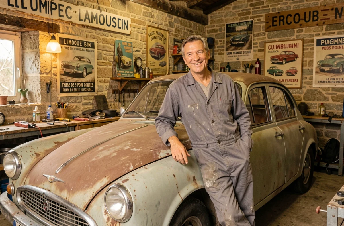 Mécanicien Fabrice dans son garage indépendant en Haute-Vienne, souriant devant une voiture ancienne en cours de restauration