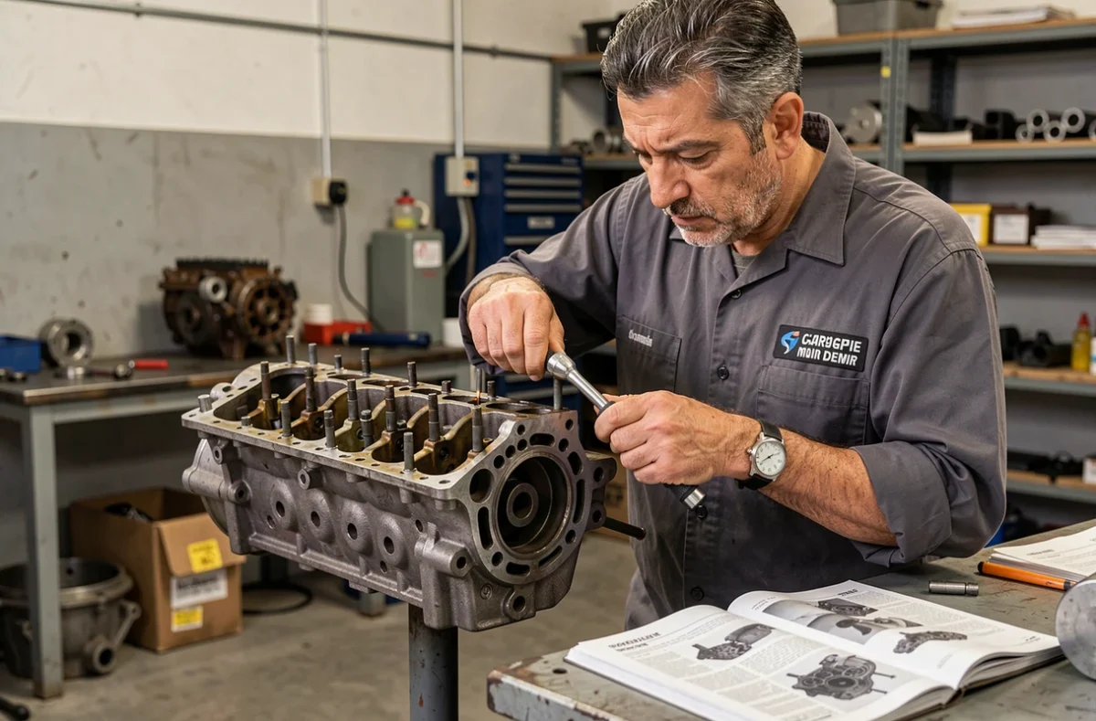 Mécanicien de Garage Demir serrant les boulons de culasse d'un moteur démonté sur un support dans un atelier de mécanique