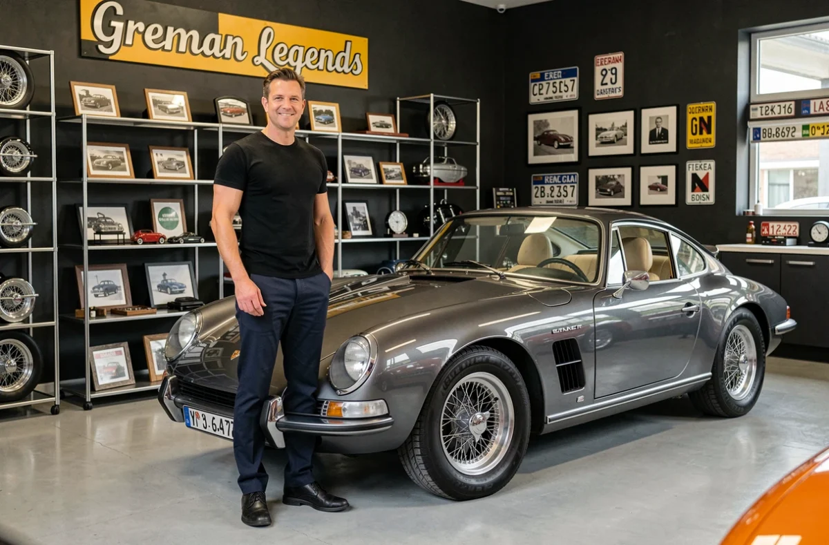 Passionné et mécanicien du Garage German Legends en Haute-Vienne posant fièrement à côté d'une voiture classique allemande restaurée