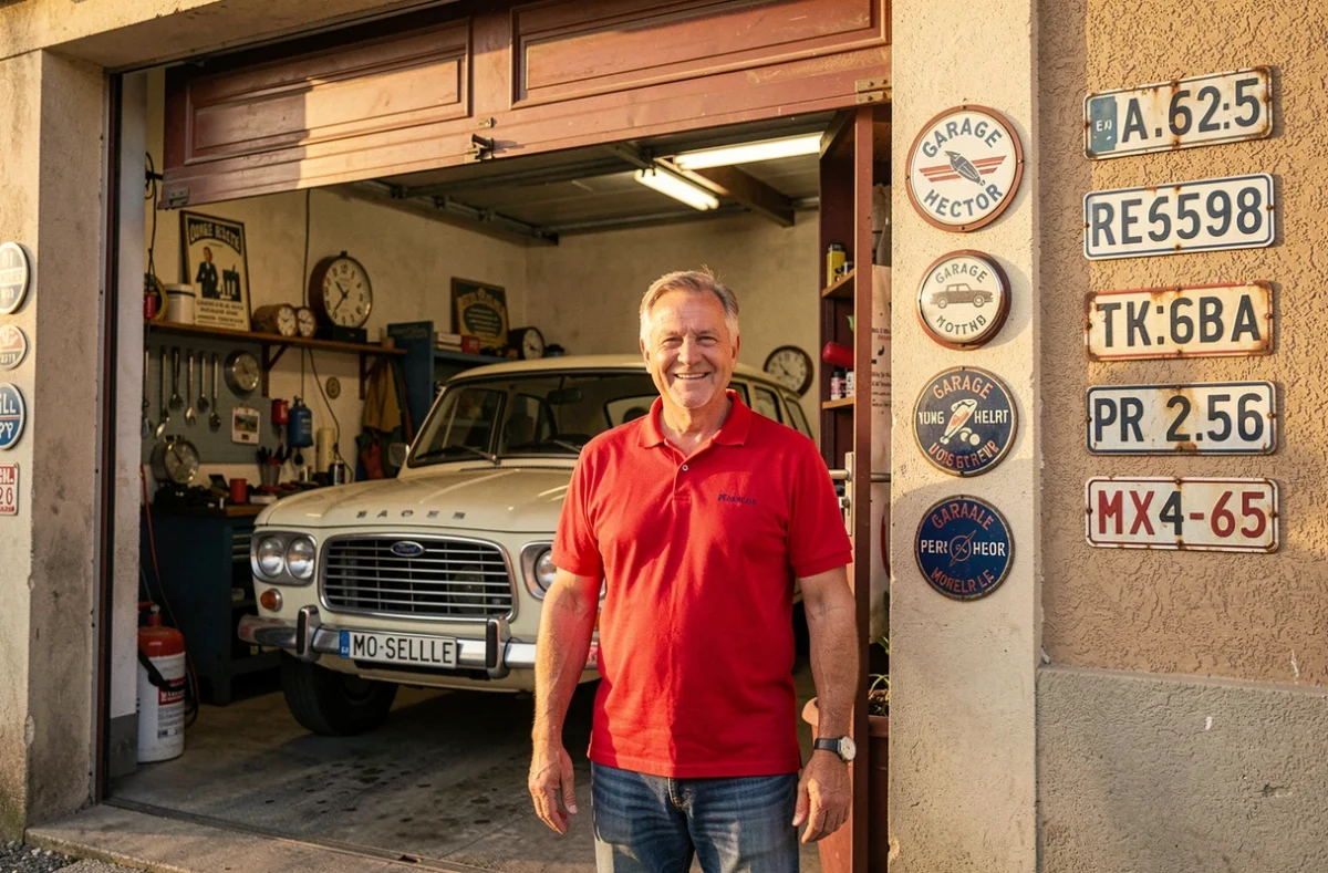 Propriétaire de Garage Hector souriant devant l'entrée de son garage familial en Moselle, entouré de décorations automobiles vintage