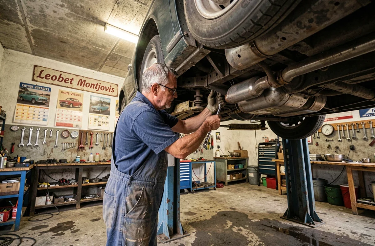 Mécanicien du Garage Leobet Montjovis en Haute-Vienne travaillant sous un véhicule soulevé sur pont élévateur dans un atelier traditionnel