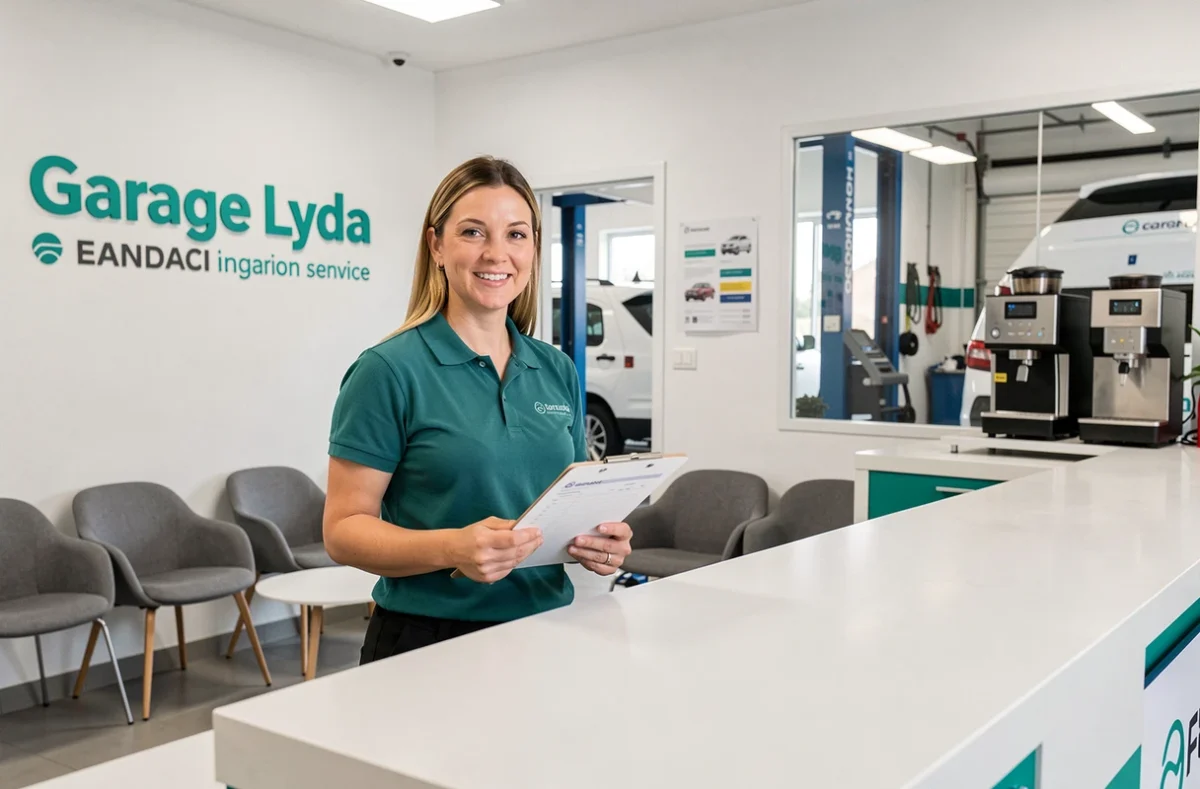 Propriétaire féminine du Garage Lyda en Haute-Vienne à l'accueil, tenant un bon de commande dans un espace client moderne