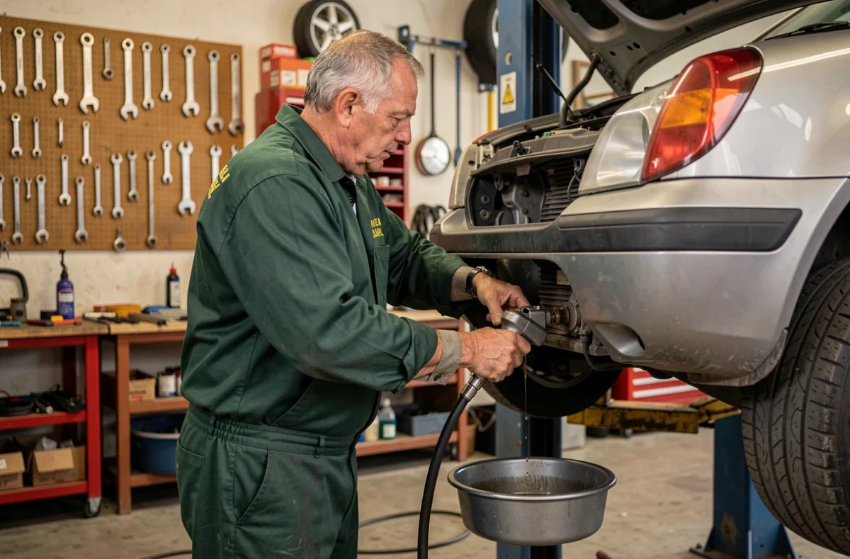 Mécanicien du Garage Plea SARL effectuant une vidange d'huile sur un SUV surélevé dans un atelier de réparation automobile