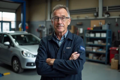 Garagiste expérimenté debout à côté de la voiture la plus vendue en France, dans un atelier automobile réaliste