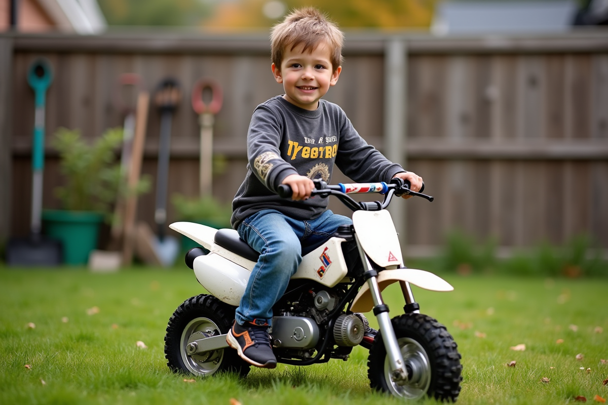 Jeune garçon souriant sur mini moto dans le jardin