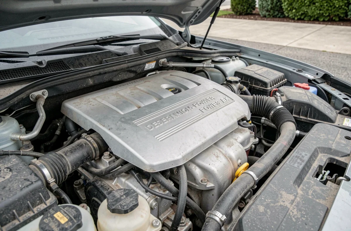 Gros plan du cache moteur d'une voiture moderne avec indication de la puissance en kilowatts et chevaux