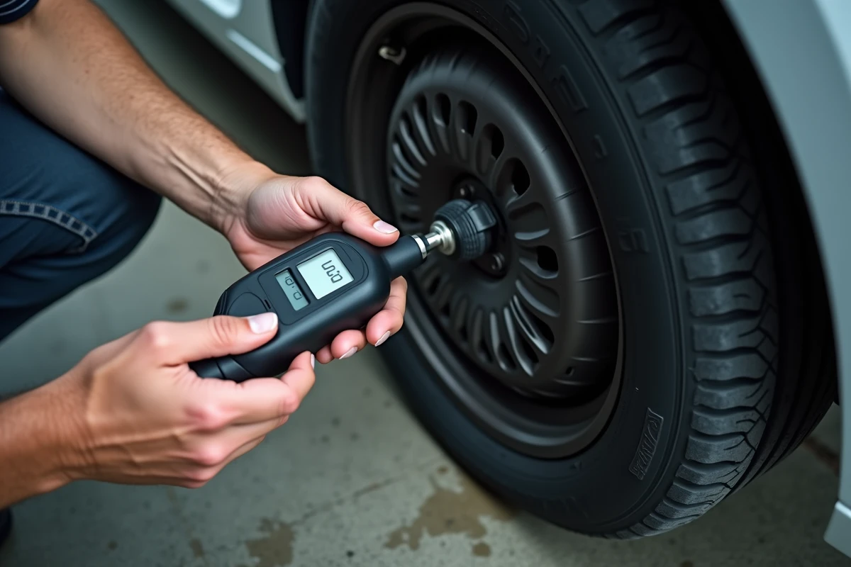Gros plan sur les mains d'un homme vérifiant la pression d'un pneu avec un manomètre numérique sur valve de voiture