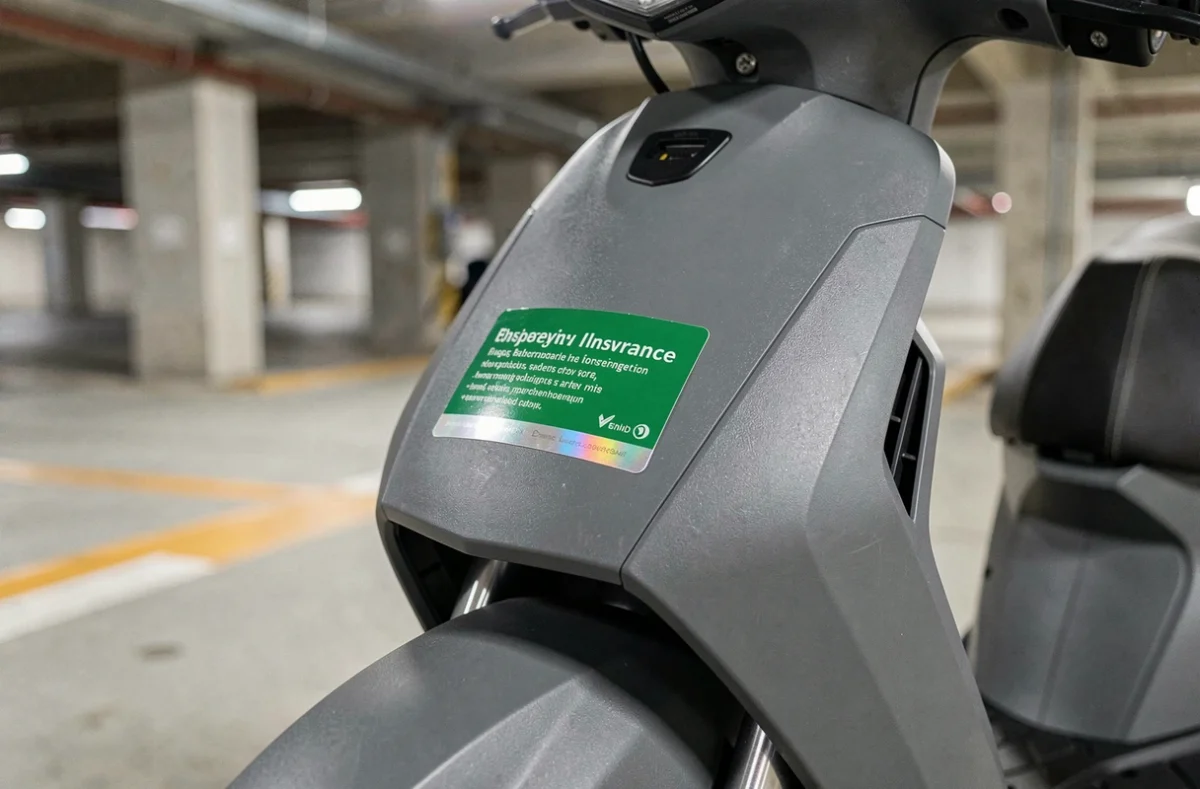 Gros plan d'une vignette d'assurance collée sur la fourche d'un scooter gris dans un parking