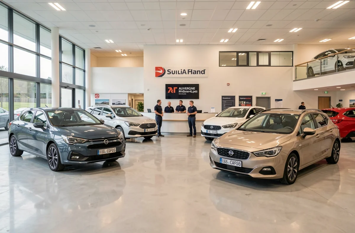 Vaste showroom multimarques du Groupe Vulcain en Auvergne-Rhône-Alpes avec plusieurs véhicules exposés et équipe commerciale