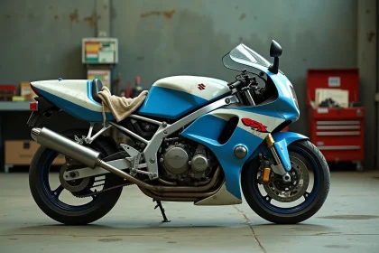 Suzuki GSXR 1100 de 1992 garée dans un atelier mécanique avec pièces détachées et catalogues vintage sur un établi