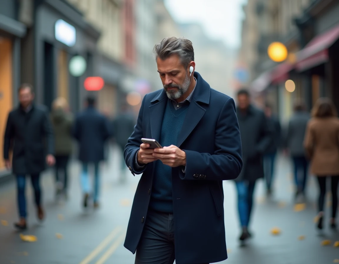 Homme consultant les informations sur son téléphone pendant son trajet en ville, reflet du stress informationnel quotidien