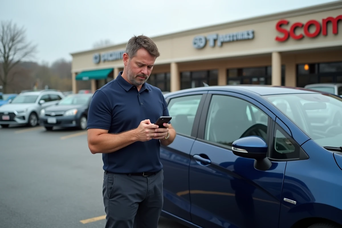 Homme consultant une application d'assurance auto sur smartphone à côté de sa voiture en parking