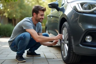 Jeune homme appliquant film sur une roue de voiture