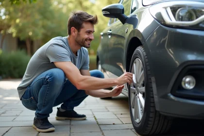 Jeune homme appliquant film sur une roue de voiture