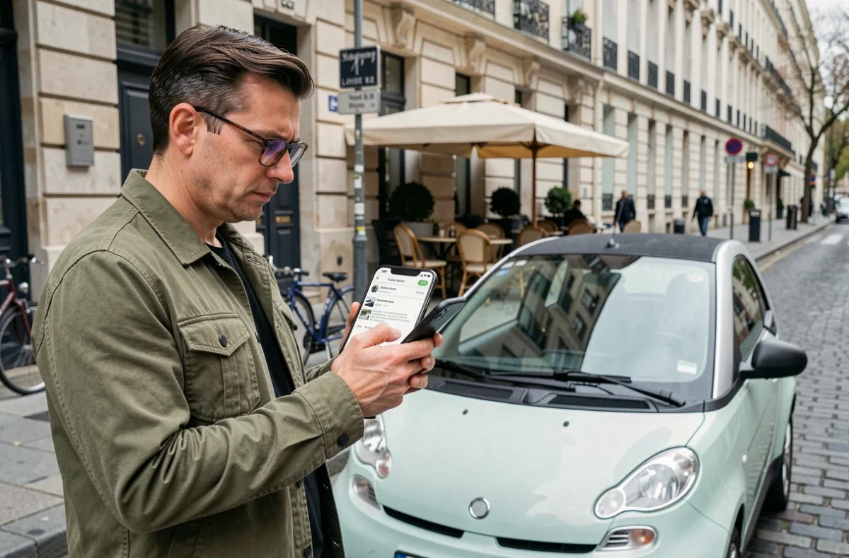 Homme consultant des avis en ligne sur son smartphone avant d'acheter une voiture sans permis en ville