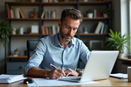 Homme d age moyen en tenue casual examine des papiers dans un bureau moderne