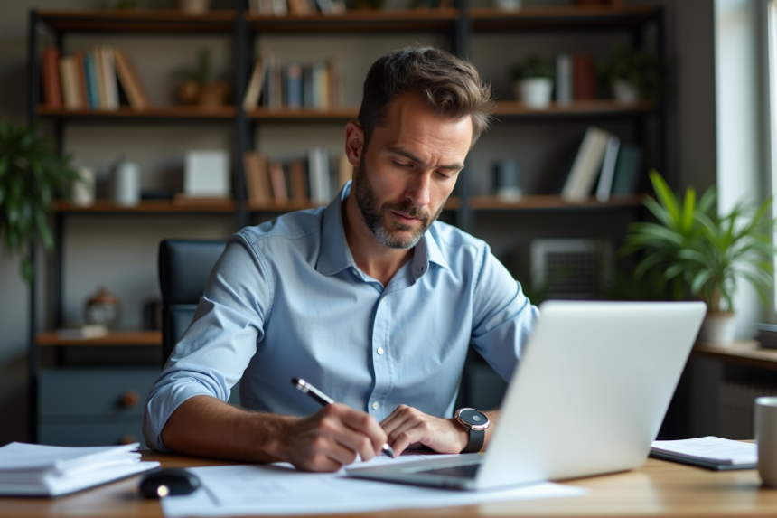 Homme d age moyen en tenue casual examine des papiers dans un bureau moderne