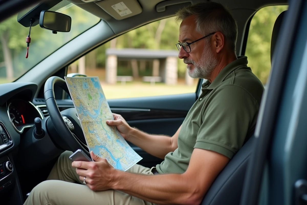 Homme étudiant une carte autoroutière gratuite assis dans sa voiture à une aire de repos française lors d'un road trip
