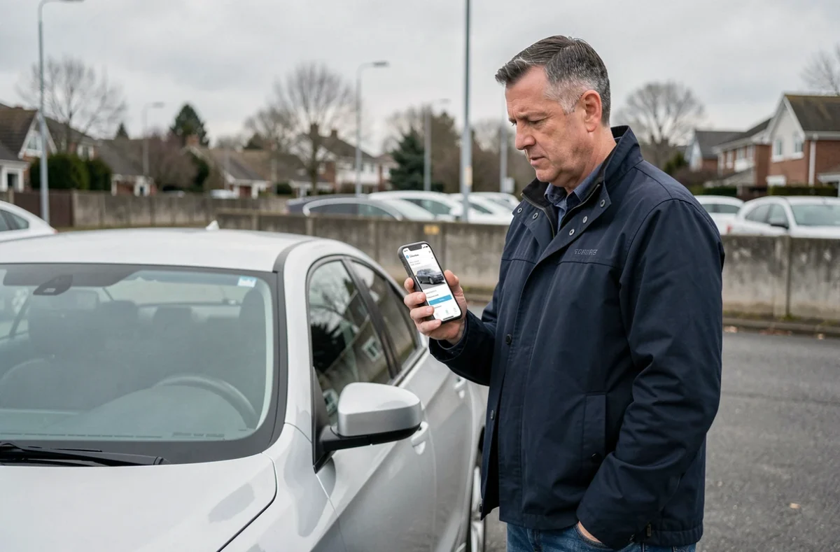 Homme consultant un comparateur d'assurance auto sur smartphone devant sa voiture dans un parking