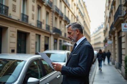 Homme d'affaires examinant un contrat d'assurance voiture à Paris