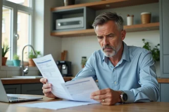 Homme d'âge moyen examinant des documents d'assurance voiture