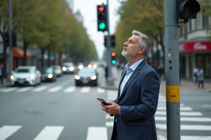 Homme d'âge moyen regardant un poteau de circulation en ville