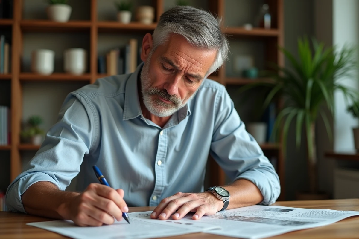 Homme d'âge moyen remplissant un mots croises dans un intérieur chaleureux