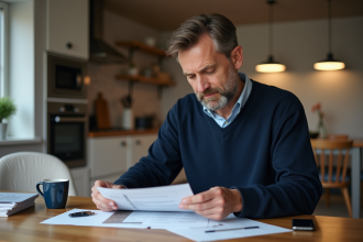Homme examine un document de voiture à la maison