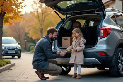 Homme mesurant le coffre d'un SUV avec sa fille à côté