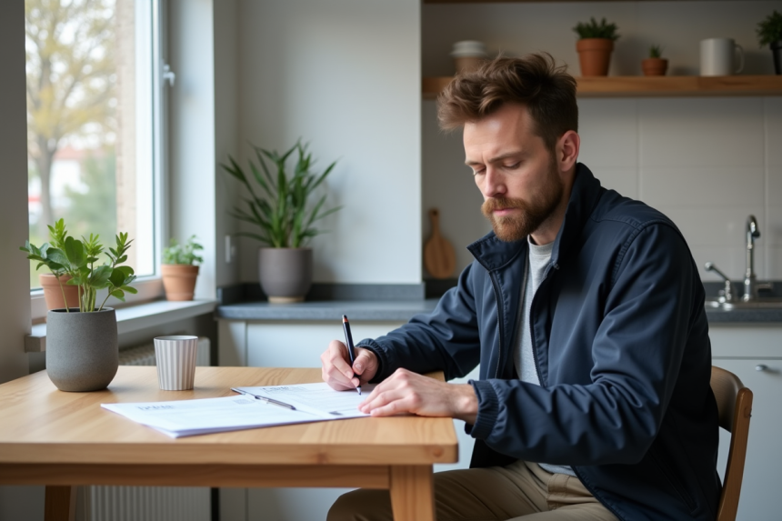 Homme remplissant un formulaire de voiture dans une cuisine moderne