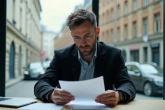 Homme inquiet lisant une lettre dans un bureau moderne