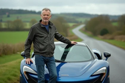 Homme debout à côté d'une McLaren F1 en campagne