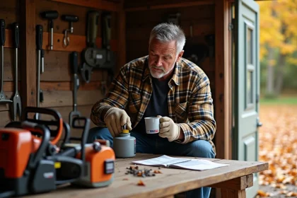 Homme en extérieur verse de l'huile dans un bidon à fuel