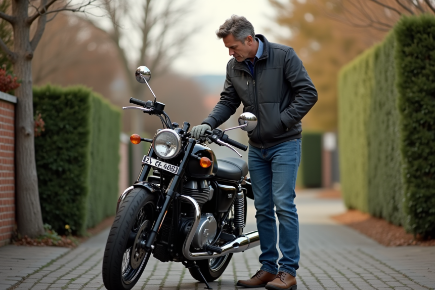 Homme d'âge moyen vérifiant le moteur d'une moto classique