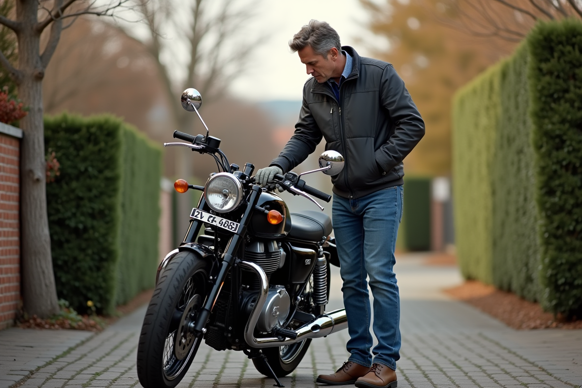 Homme d'âge moyen vérifiant le moteur d'une moto classique