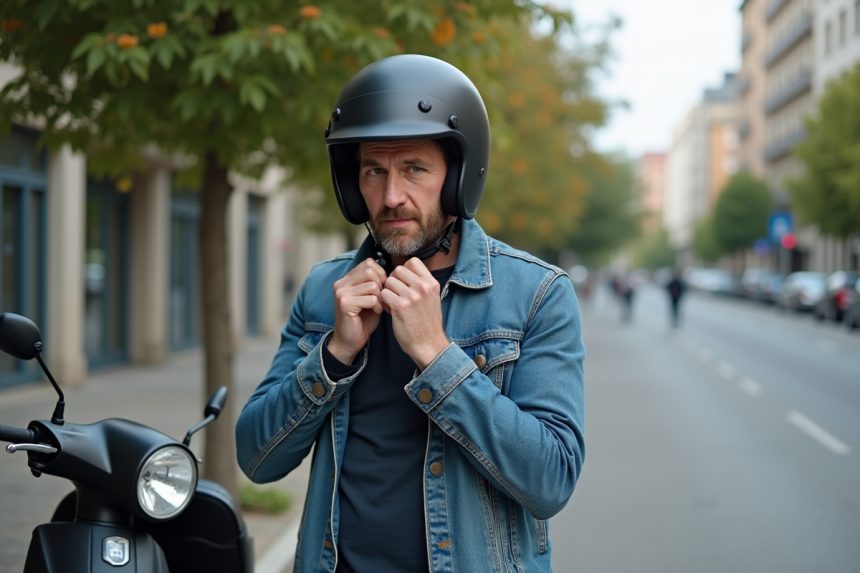 Homme d'âge moyen ajustant son casque moto en ville
