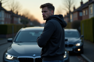 Homme nerveux près d'une voiture en banlieue au crépuscule