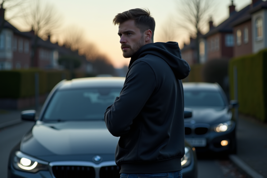 Homme nerveux près d'une voiture en banlieue au crépuscule