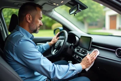 Homme d'âge moyen nettoie le tableau de bord d'une voiture moderne