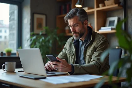 Homme en bureau comparant voiture sur ordinateur
