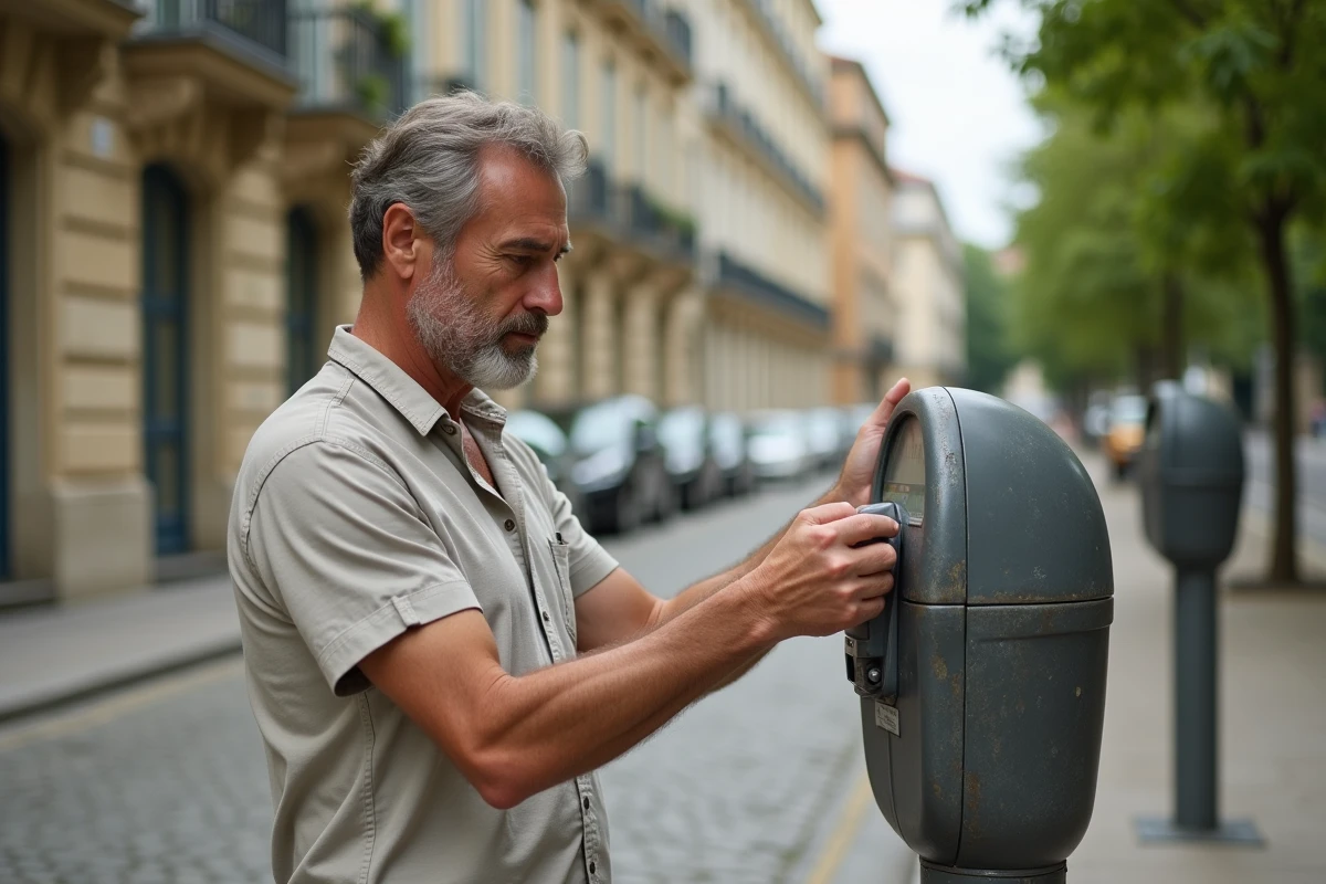 Homme vérifiant le parcmètre dans une rue de Versailles