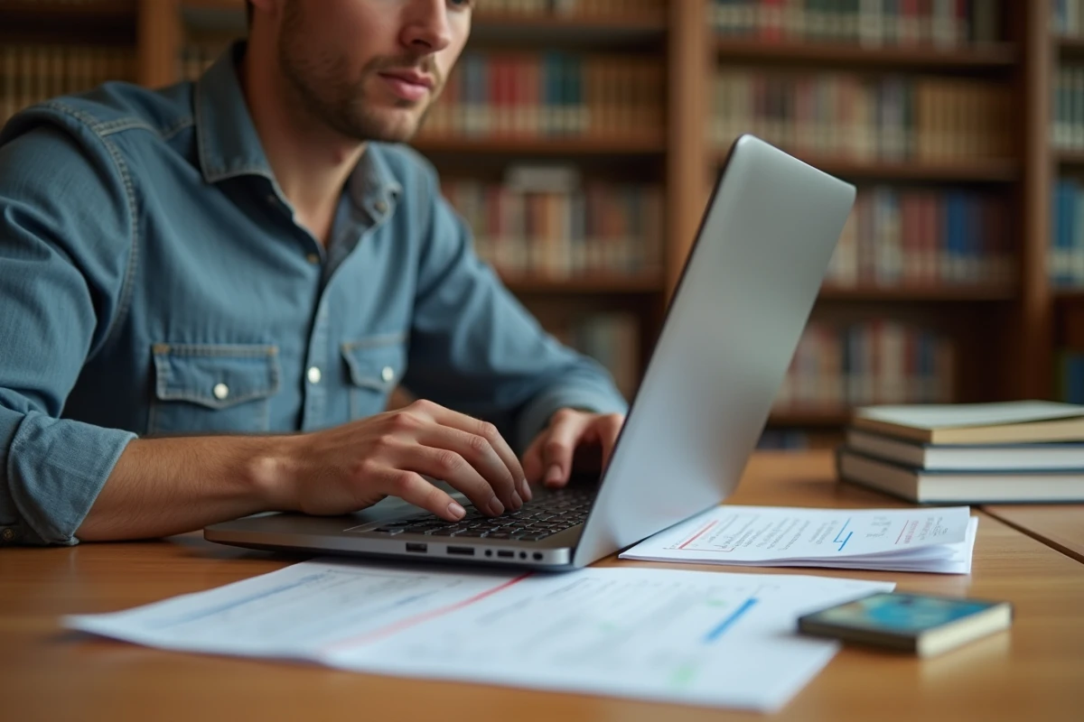 Homme consultant son permis de conduire pour remplir un dossier de candidature en bibliothèque