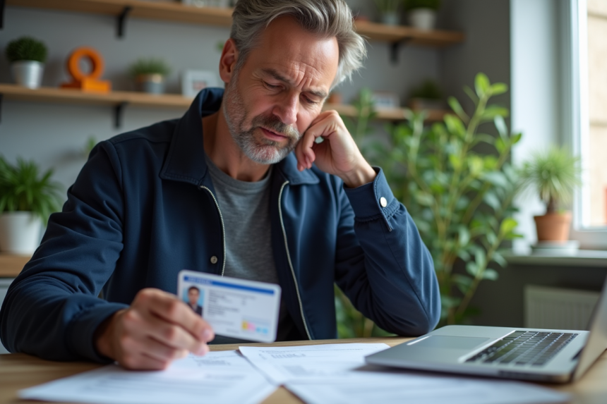 Homme d'âge moyen avec permis de conduire en main dans un bureau