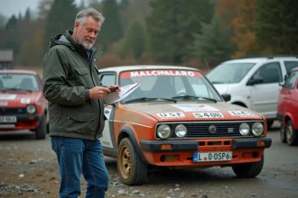Homme d'âge moyen vérifiant une voiture de rallye sale