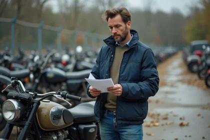 Homme d age regarde un document près d une moto endommagée