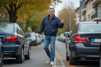 Homme d'âge moyen mesurant l'espace entre deux voitures dans un quartier résidentiel