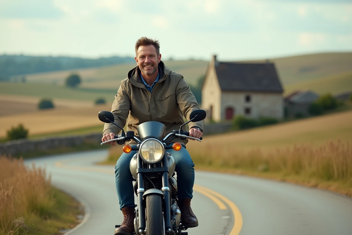 Homme en moto 125cc dans la campagne française