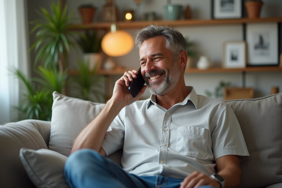 Homme au salon souriant au téléphone dans un cadre chaleureux