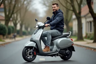 Homme assis sur un scooter 3 roues dans une rue française, illustrant la conduite d'un trois-roues avec permis adapté